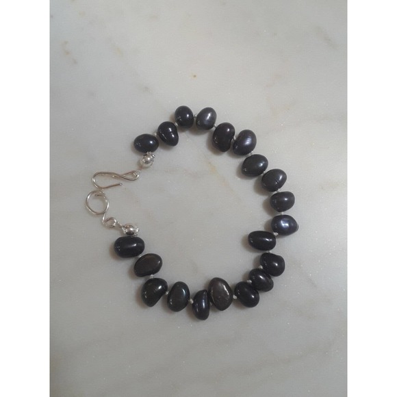 Womens A grade Black Freshwater Pearl Bracelet w Sterling Filled Handmade Clasps - Picture 1 of 5